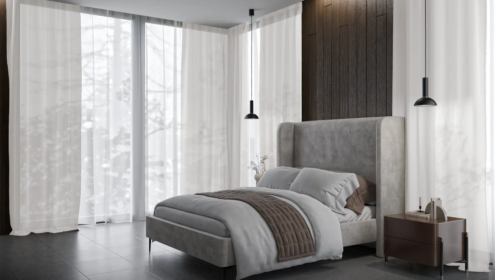 Moderne Innenansicht eines Raumes mit großen Fenstern und stilvollen Vorhängen